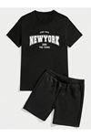 New York 1968 T-Shirt Şort - Siyah Alt Üst Takım Şort Tişört Kombin Baskılı Bisiklet Yaka