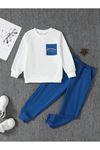 California Pamuk Çocuk Takım Sweatshirt Jogger - Beyaz Sax Baskılı Kız Erkek Çocuk Bisiklet Yaka