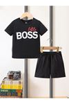 Little Boss Pamuklu Çocuk Takım T-Shirt Şort - Siyah Baskılı Kız Erkek Çocuk Yazlık Bisiklet Yaka