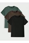 3'Lü Basic Süprem T-Shirt - Yeşil Kahverengi Siyah Oversize Bisiklet Yaka Tişört