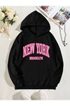 New York Brooklyn Sweatshirt - Siyah Baskılı Oversize Kışlık Kalın Kapüşonlu
