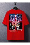 New York Bear Süprem T-Shirt - Kırmızı Baskılı Oversize Bisiklet Yaka Tişört
