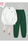 Los Angeles Mini Eşofman Takım Sweatshirt Jogger - Beyaz Yeşil Baskılı Oversize Şardon Bisiklet Yaka