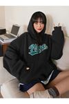 Nice Sweatshirt - Siyah Baskılı Oversize Kışlık Kalın Kapüşonlu