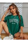 California West Coast Süprem T-Shirt - Nefti Yeşil Baskılı Oversize Bisiklet Yaka Tişört