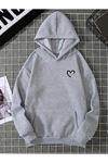 Yarım Kalp Sweatshirt - Gri Baskılı Oversize Kışlık Kalın Kapüşonlu