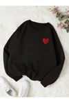 Kırmızı Kalp Sweatshirt - Siyah Baskılı Oversize Kışlık Kalın Bisiklet Yala
