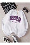 Brooklyn New York Sweatshirt - Beyaz Baskılı Oversize Kışlık Kalın Bisiklet Yala