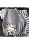 Kiss Me Cat Sweatshirt - Gri Baskılı Oversize Kışlık Kalın Bisiklet Yala