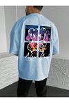 New York Bear Süprem T-Shirt - Bebe Mavisi Baskılı Oversize Bisiklet Yaka Tişört