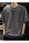 Dreams Yaka Detay Süprem T-Shirt - Füme Baskılı Oversize Bisiklet Yaka Tişört