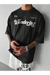 Wonderful Süprem T-Shirt - Siyah Baskılı Oversize Bisiklet Yaka Tişört