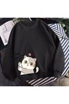Kiss Me Cat Sweatshirt - Siyah Baskılı Oversize Kışlık Kalın Bisiklet Yala