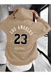 Los Angeles 23 Sweatshirt - Bej Baskılı Oversize Kışlık Kalın Kapüşonlu