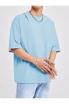 Basic Süprem T-Shirt - Bebe Mavisi Oversize Bisiklet Yaka Tişört