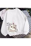 Kiss Me Cat Sweatshirt - Beyaz Baskılı Oversize Kışlık Kalın Bisiklet Yala