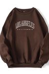 Los Angeles California Sweatshirt - Kahverengi Baskılı Oversize Kışlık Kalın Bisiklet Yala