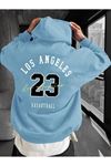 Los Angeles 23 Sweatshirt - Bebe Mavisi Baskılı Oversize Kışlık Kalın Kapüşonlu