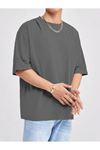 Basic Süprem T-Shirt - Füme Oversize Bisiklet Yaka Tişört