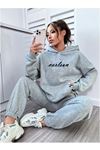 Eşofman Takımı Sweatshirt Jogger - Gri Baskılı Oversize Şardonlu Kapüşonlu
