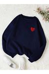 Kırmızı Kalp Sweatshirt - Lacivert Baskılı Oversize Kışlık Kalın Bisiklet Yala