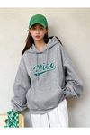 Nice Sweatshirt - Gri Baskılı Oversize Kışlık Kalın Kapüşonlu