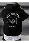 Los Angeles 23 Sweatshirt - Siyah Baskılı Oversize Kışlık Kalın Kapüşonlu
