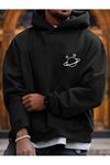 Yıldızlı Saturn Sweatshirt - Siyah Baskılı Oversize Kışlık Kalın Kapüşonlu