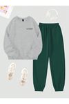 Los Angeles Mini Eşofman Takımı Sweatshirt Jogger - Gri Yeşil Baskılı Oversize Şardon Bisiklet Yaka