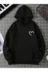 Yarım Kalp Sweatshirt - Siyah Baskılı Oversize Kışlık Kalın Kapüşonlu
