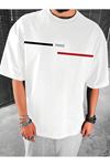 Paris Çizgi Süprem T-Shirt - Beyaz Baskılı Oversize Bisiklet Yaka Tişört