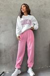 1898 Brooklyn Eşofman Takımı Sweatshirt Jogger - Beyaz Pembe Baskılı Oversize Şardonlu Bisiklet Yaka