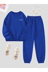 Los Angeles Mini Eşofman Takımı Sweatshirt Jogger - Sax Mavi Baskılı Oversize Şardonlu Bisiklet Yaka