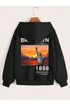 Fermuarlı Hırka Sweatshirt - Siyah Baskılı Oversize Kışlık Kalın Kapüşonlu
