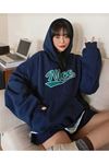 Nice Sweatshirt - Lacivert Baskılı Oversize Kışlık Kalın Kapüşonlu
