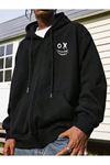 O X Yüz Fermuarlı Hırka Sweatshirt - Siyah Baskılı Oversize Kışlık Kalın Kapüşonlu