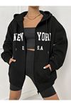 New York U.S.A Fermuarlı Hırka Sweatshirt - Siyah Baskılı Oversize Kışlık Kalın Kapüşonlu