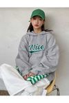 Nice Sweatshirt - Gri Baskılı Oversize Kışlık Kalın Kapüşonlu