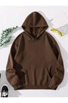 Desensiz Düz Sweatshirt - Kahverengi Oversize Kışlık Kalın Kapüşonlu