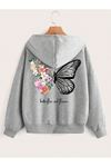 Çiçek Kelebek Fermuarlı Hırka Sweatshirt - Gri Baskılı Oversize Kışlık Kalın Kapüşonlu