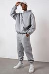 Dikey Yazılı Eşofman Takımı Sweatshirt Jogger - Gri Baskılı Oversize Şardonlu Kapüşonlu