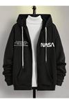 Nasa Yazılı Fermuarlı Hırka Sweatshirt - Siyah Baskılı Oversize Kışlık Kalın Kapüşonlu