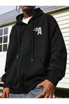 A Logo Fermuarlı Hırka Sweatshirt - Siyah Baskılı Oversize Kışlık Kalın Kapüşonlu