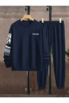 Paris Web Eşofman Takımı Sweatshirt Jogger - Lacivert Baskılı Oversize Şardonlu Bisiklet Yaka