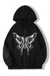 Kelebek Desen Fermuarlı Hırka Sweatshirt - Siyah Baskılı Oversize Kışlık Kalın Kapüşonlu