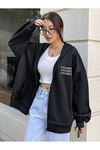 Favorite Fermuarlı Hırka Sweatshirt - Siyah Baskılı Oversize Kışlık Kalın Kapüşonlu