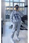 Strgrl Athletics Eşofman Takımı Sweatshirt Jogger - Gri Baskılı Oversize Şardonlu Bisiklet Yaka