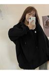 C Logo Fermuarlı Hırka Sweatshirt - Siyah Baskılı Oversize Kışlık Kalın Kapüşonlu