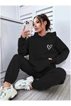 Kalp Logolu Eşofman Takımı Sweatshirt Jogger - Siyah Baskılı Oversize Şardonlu Kapüşonlu