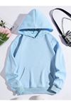 Desensiz Düz Sweatshirt - Bebe Mavisi Oversize Kışlık Kalın Kapüşonlu
